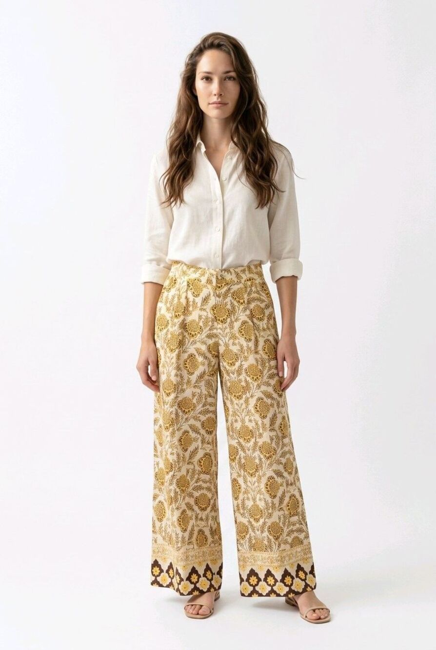 RHODE PRIYANKA Wide-Leg Trousers Floral Size 4 Cream New with Tags